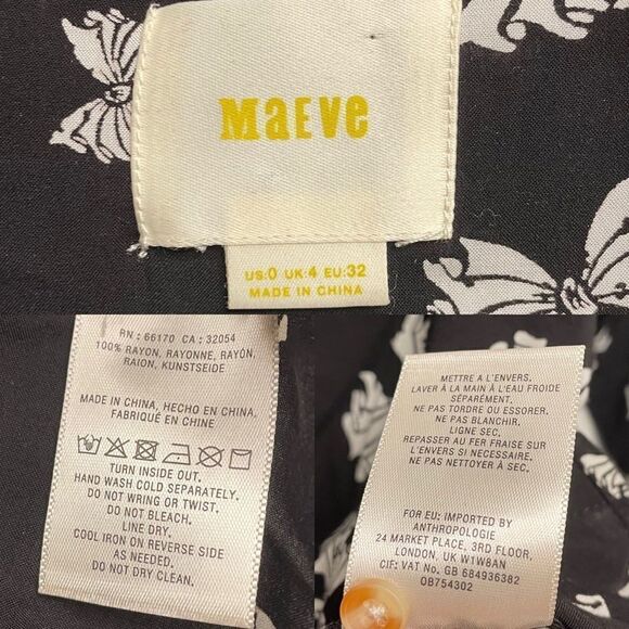 ANTHROPOLOGIE Maeve Button Front Blouse Shirt Top Bow Print Black White 0 - Picture 4 of 4